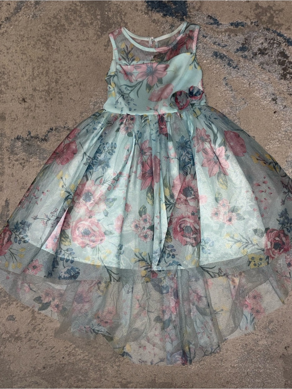 Floral Organza High-Low Party Dress for Girls - Pastel Blue and Pink